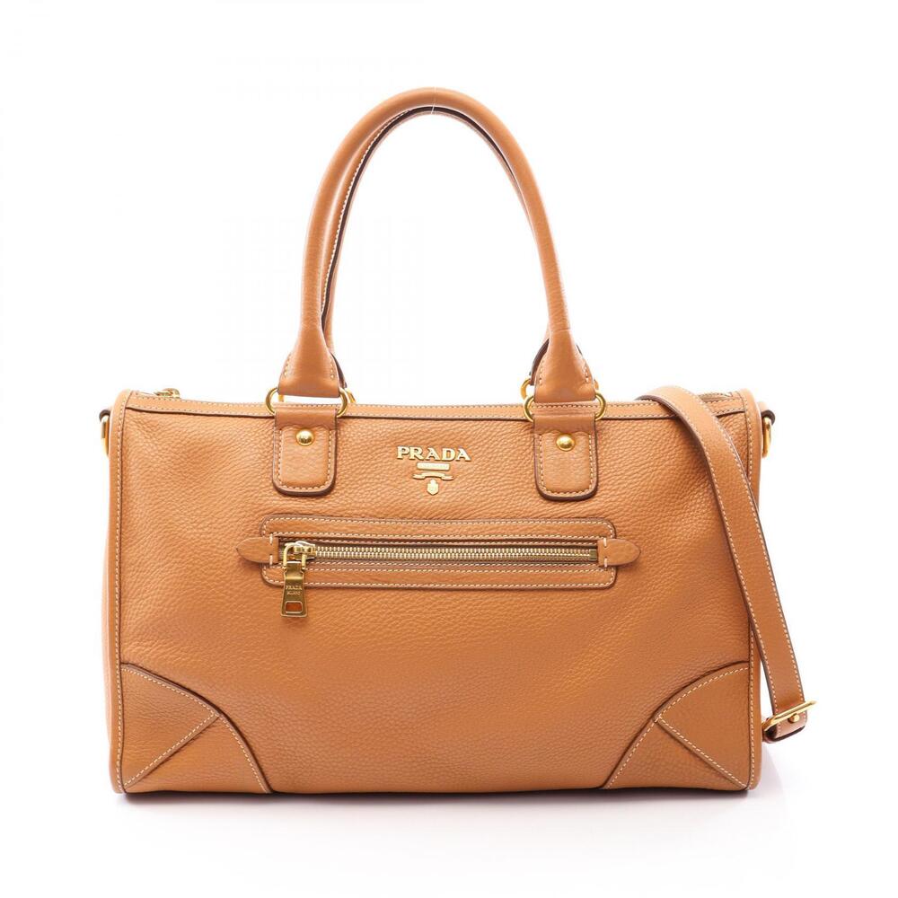 Prada Vitello Daino Leather Zip East West Top Handle Bag camel brown